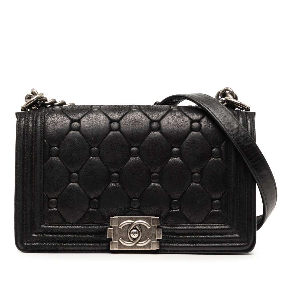 Chanel Old Medium Quilted Suede Chesterfield Boy Flap Black Leather Very good condition - Front View