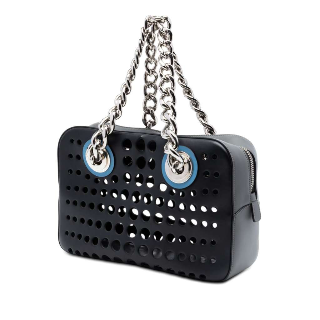Prada Perforated Leather City Fori Chain Handbag Black Leather Very good condition - Back View