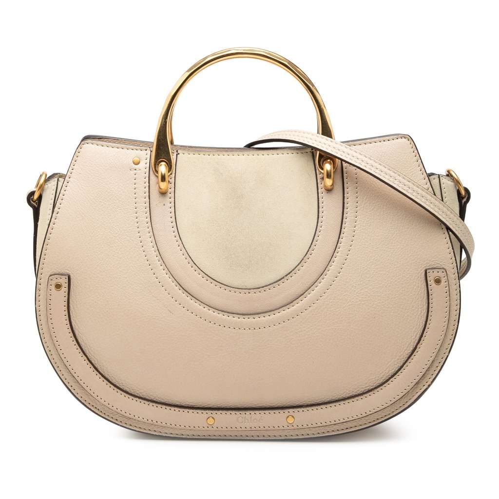 Chloé Medium Calfskin Suede Pixie Signature Satchel Beige Leather Very good condition - Front View