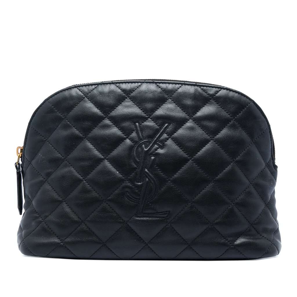 Saint Laurent Quilted Lambskin Cassandre Cosmetic Pouch Black Leather Very good - Front View