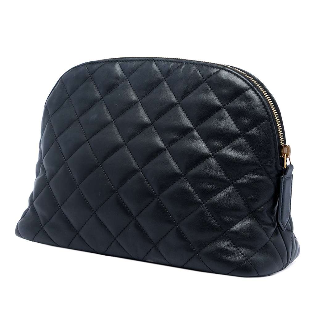 Saint Laurent Quilted Lambskin Cassandre Cosmetic Pouch Black Leather Very good - Back View