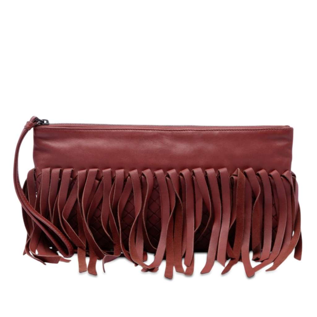 Bottega Veneta Lambskin Intrecciato Fringe Clutch Red Leather Very good condition - Front View