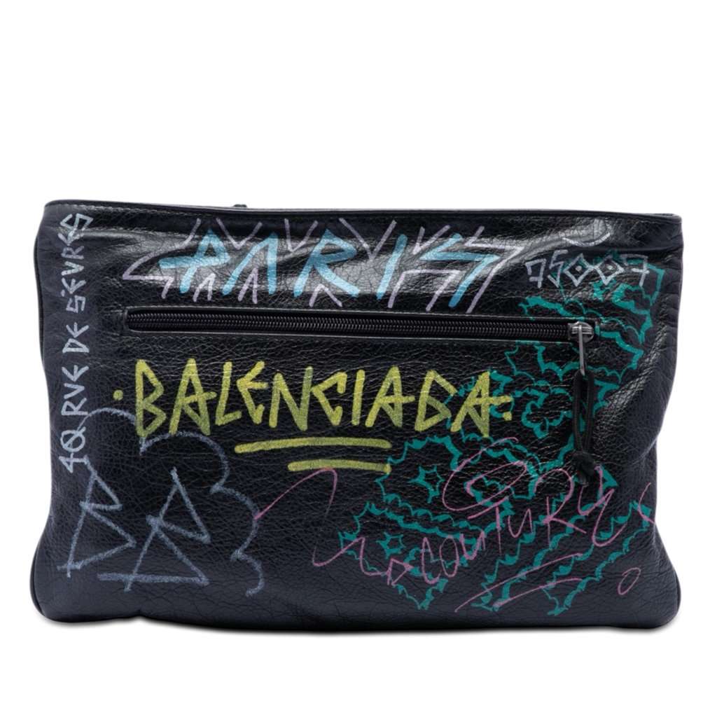Balenciaga Lambskin Graffiti Explorer Clutch Black Leather Very good condition - Front View