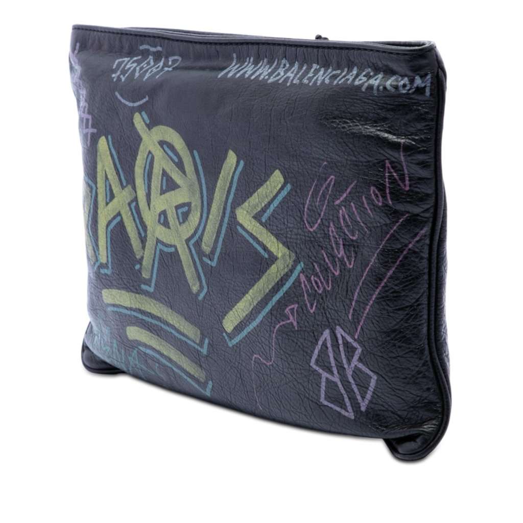 Balenciaga Lambskin Graffiti Explorer Clutch Black Leather Very good condition - Back View
