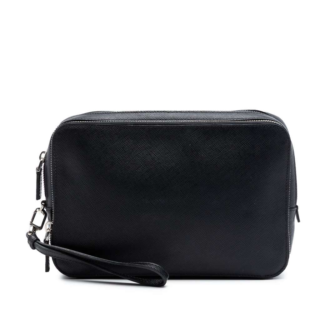 Prada Saffiano Double Zip Travel Pouch Black Leather Very good condition - Front View