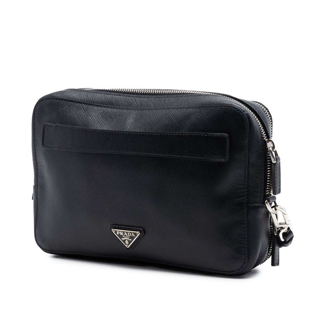 Prada Saffiano Double Zip Travel Pouch Black Leather Very good condition - Back View