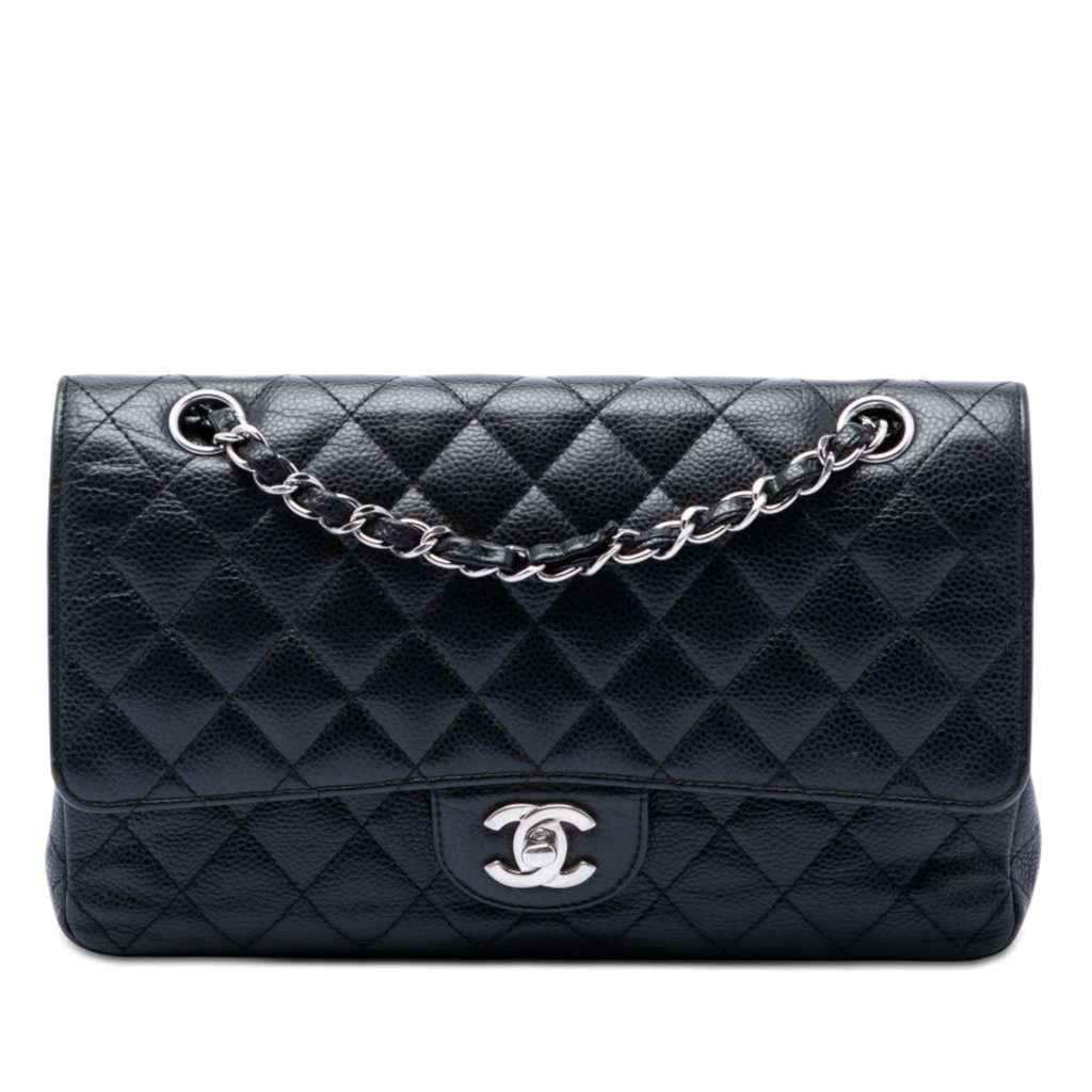 Chanel Medium Classic Caviar Double Flap Black Leather Good - Front View