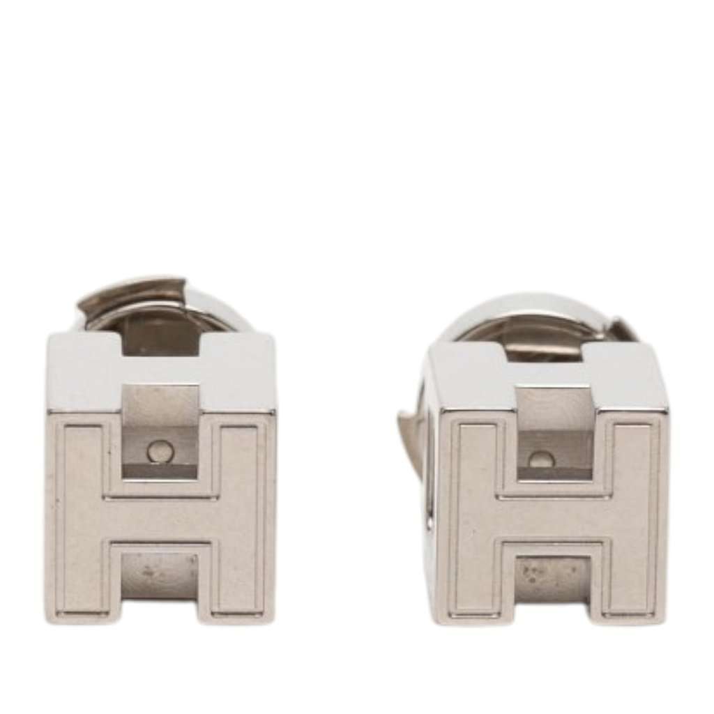 Hermès Palladium Plated Cage dH Cube Push Back Earrings Silver Metal Very good condition - Front View