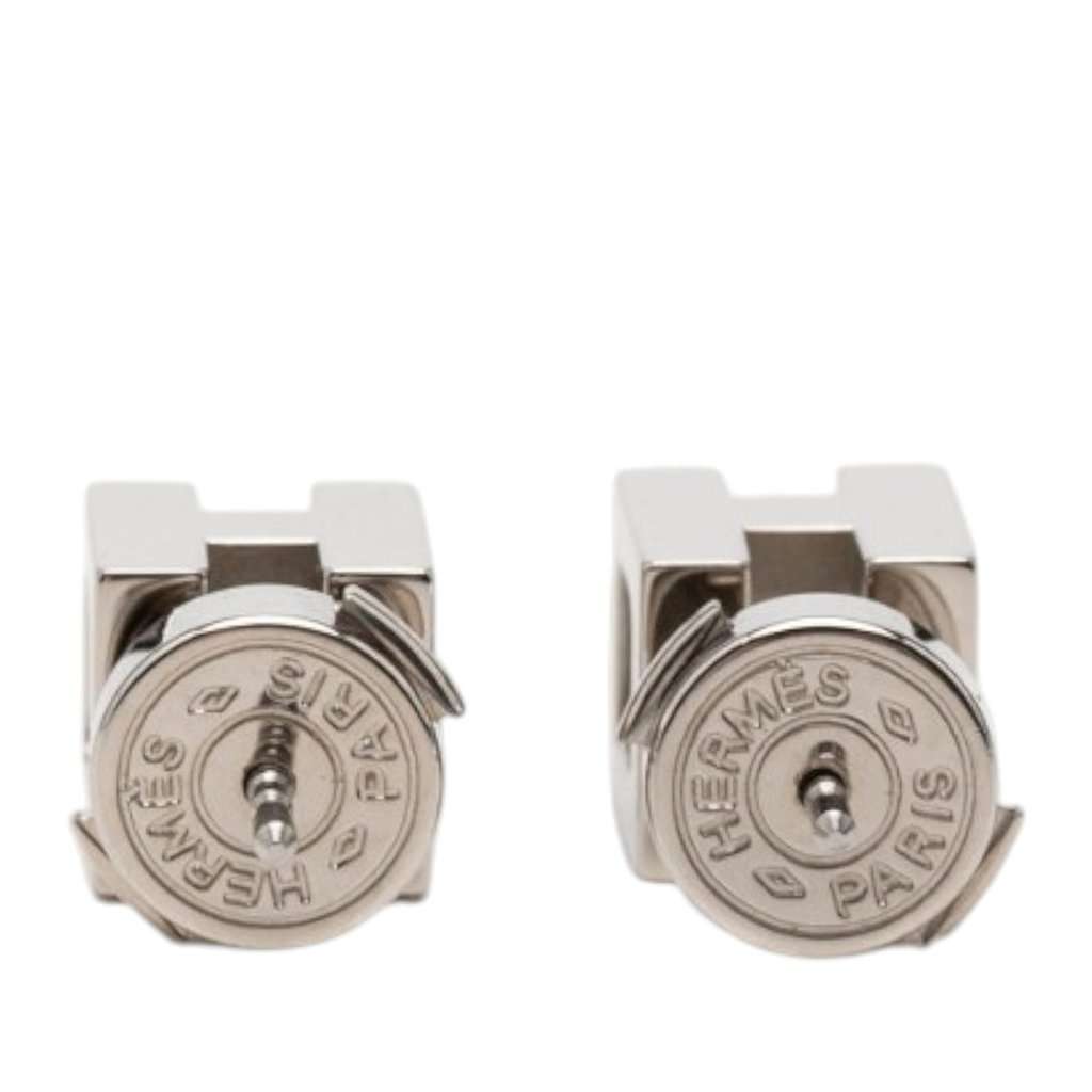 Hermès Palladium Plated Cage dH Cube Push Back Earrings Silver Metal Very good condition - Back View