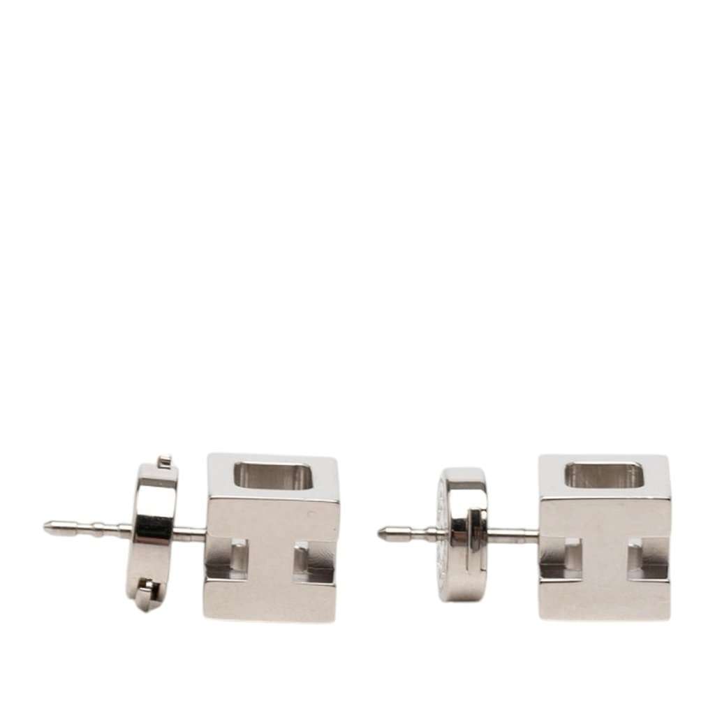 Hermès Palladium Plated Cage dH Cube Push Back Earrings Silver Metal Very good condition - Model View