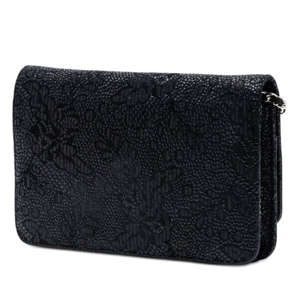 Chanel CC Lace Overlay Goatskin Wallet On Chain Black Leather Very good - Back View