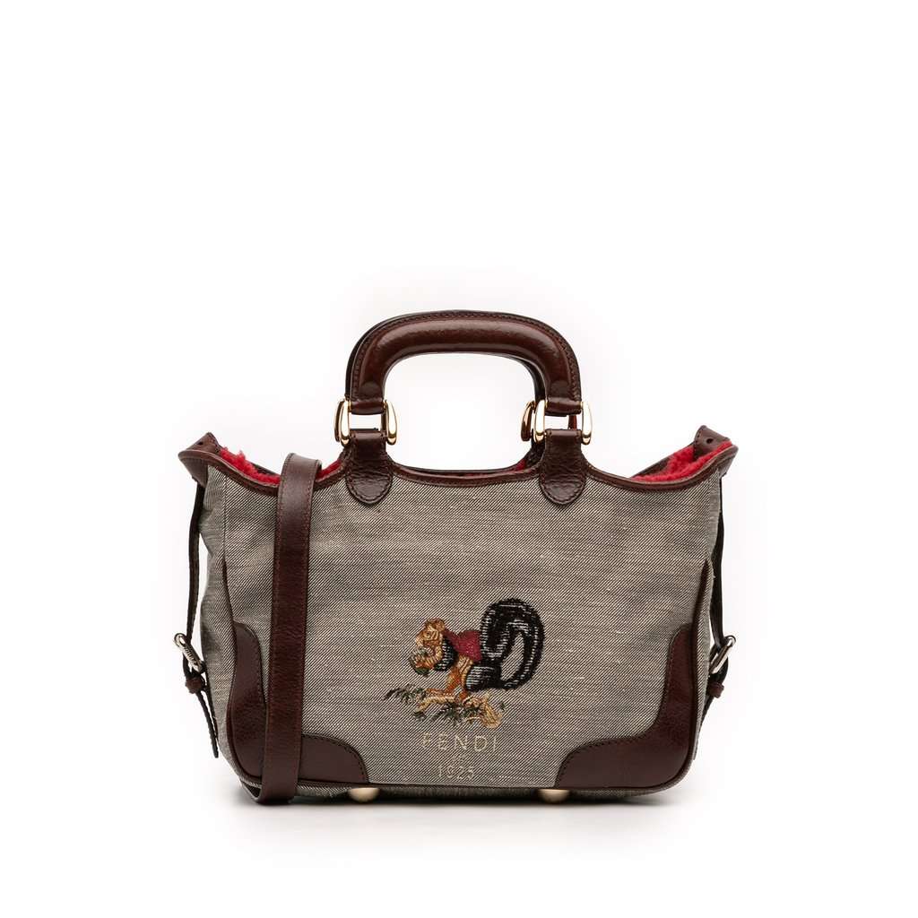 Fendi Embroidered Canvas Squirrel Satchel Brown Very good - Front View