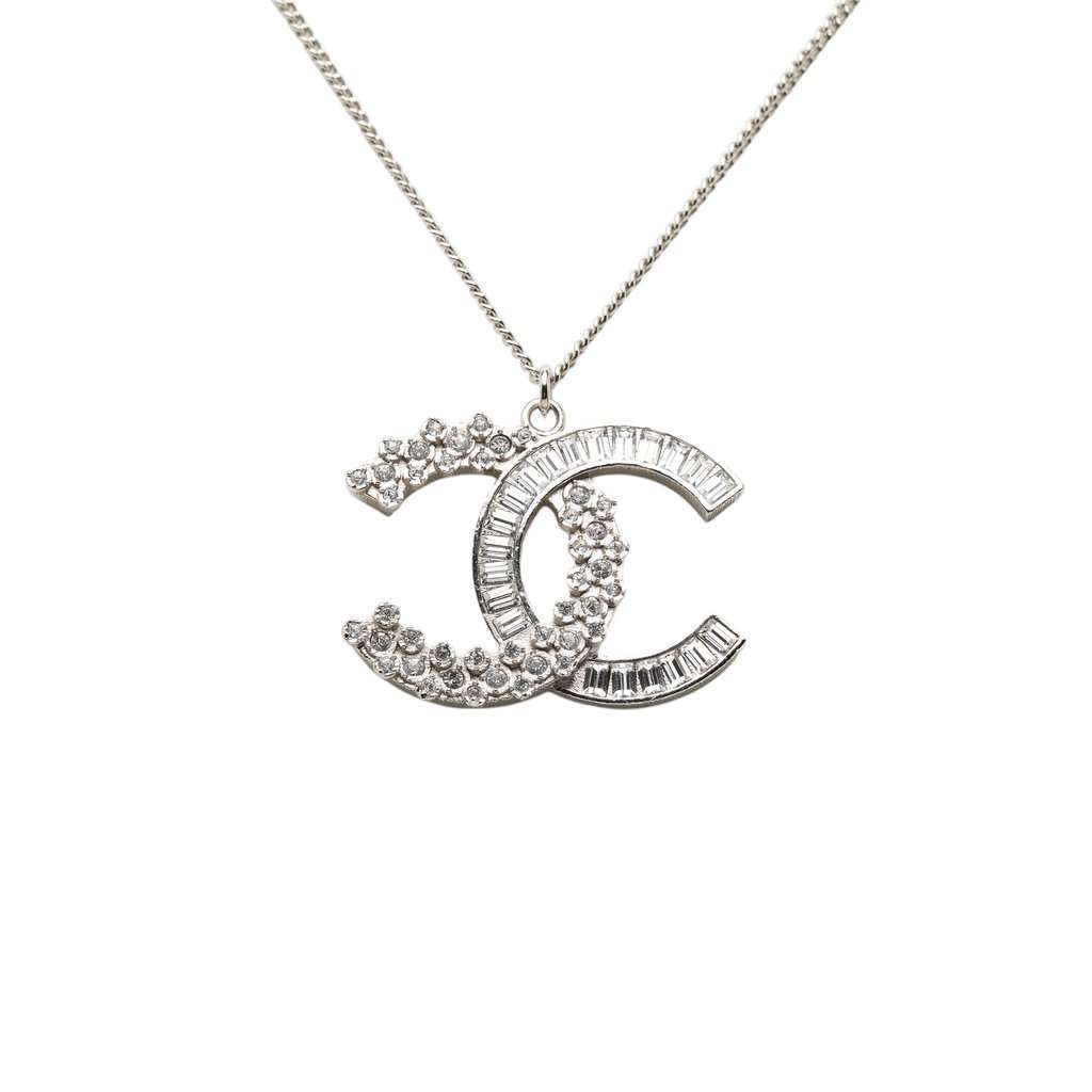 Chanel CC Brass and Strass Pendant Necklace Silver Metal Very good condition - Back View