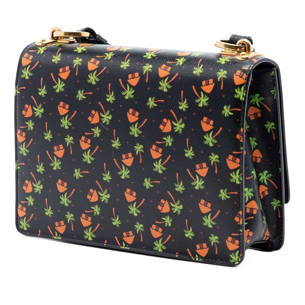 Prada Saffiano Palm Tree and Hut Print Flap Crossbody Black Leather Very good condition - Back View