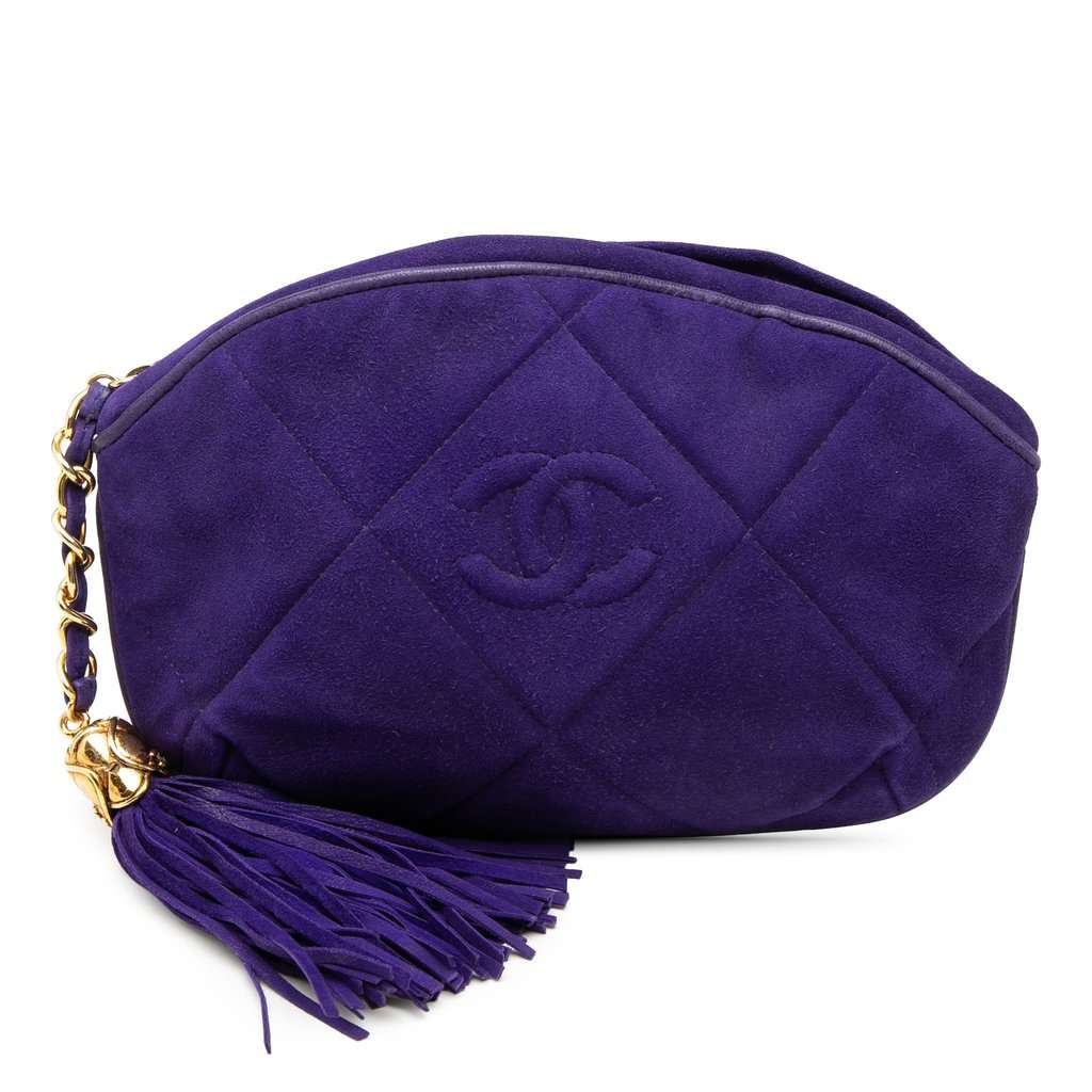 Chanel CC Suede Tassel Clutch Blue Leather Good - Front View