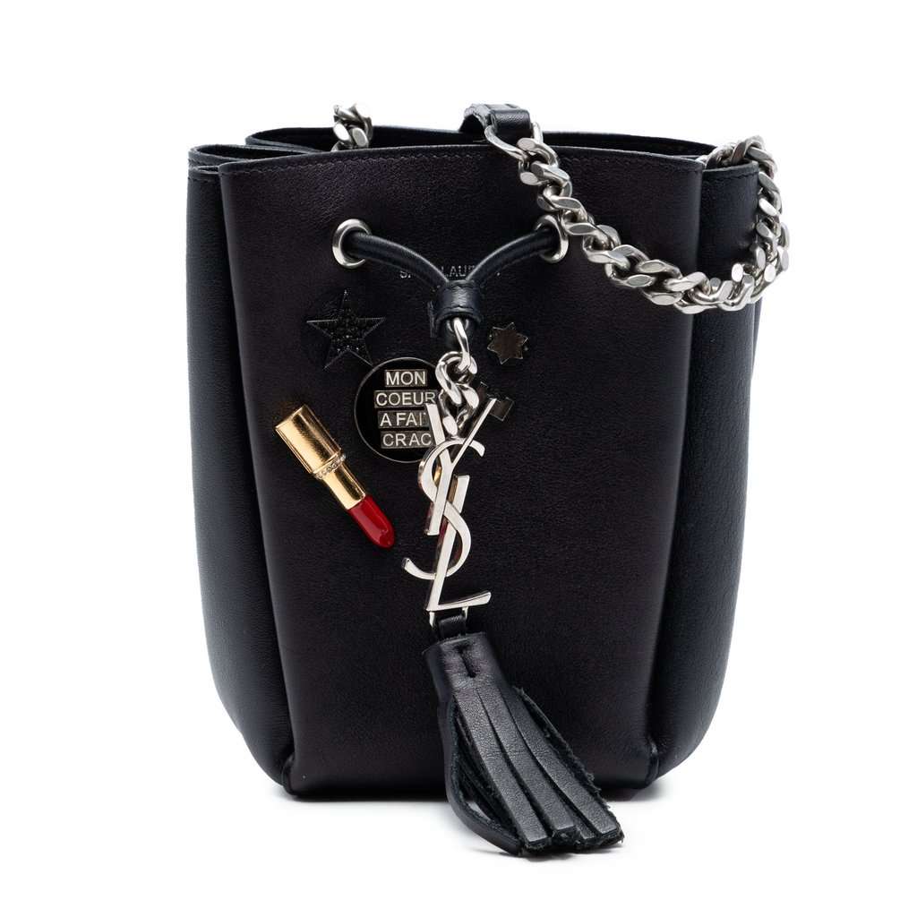 Saint Laurent Mini Leather Monogram Embellished Bourse Bucket Bag Black Leather Very good - Front View