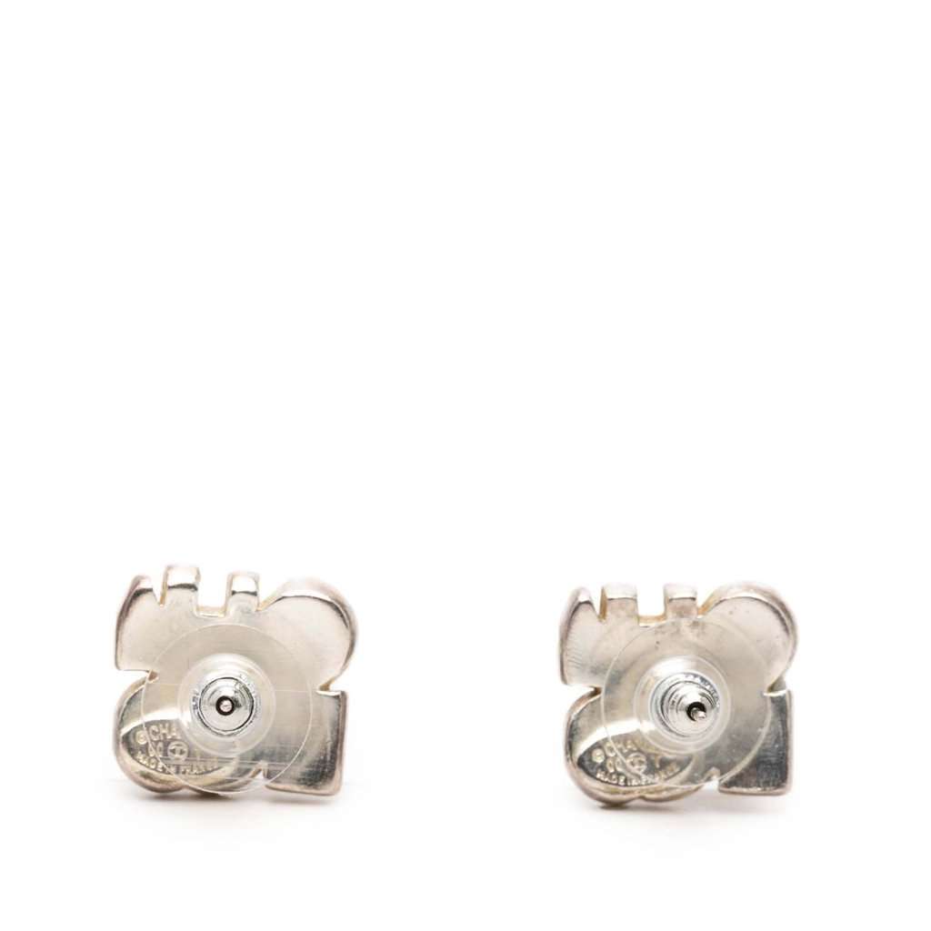 Chanel Silver Plated and Enamel Logo Letters Push Back Earrings Silver Metal Very good condition - Back View