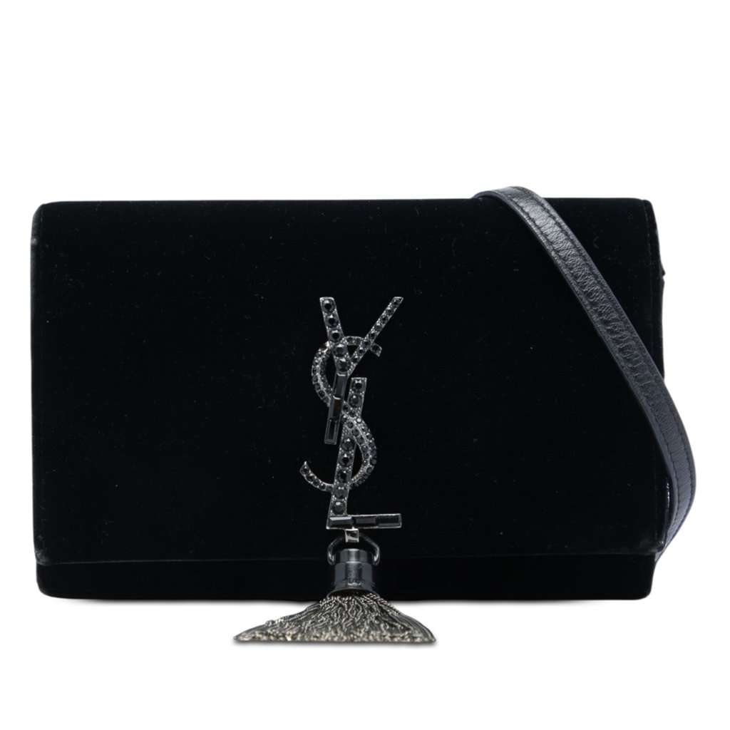Saint Laurent Velvet Crystal Monogram Kate Tassel Wallet on Chain Black Very good - Front View