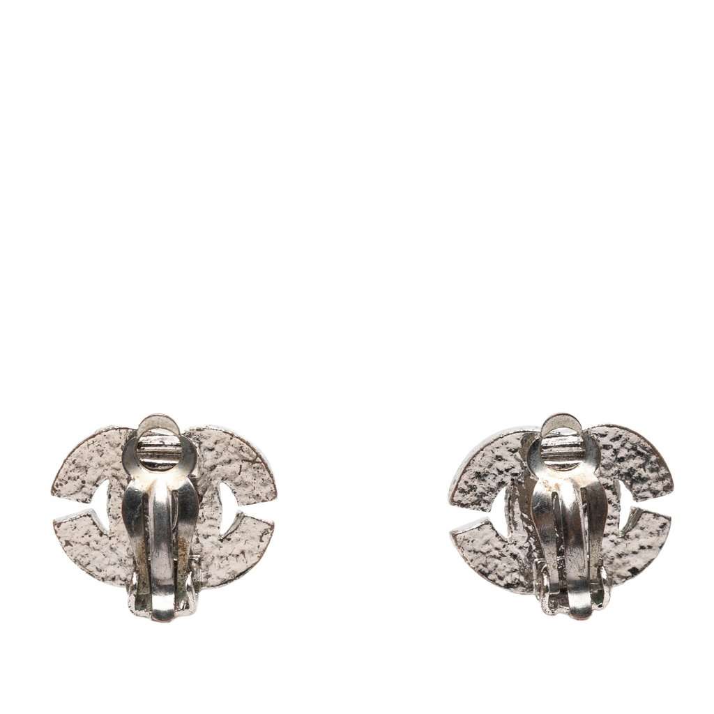 Chanel CC Brass and Strass Clip On Earrings Silver Metal Very good condition - Back View