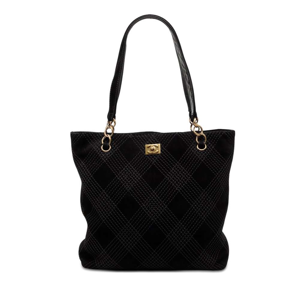 Chanel CC Stitched Suede Tote Black Leather Very good condition - Front View
