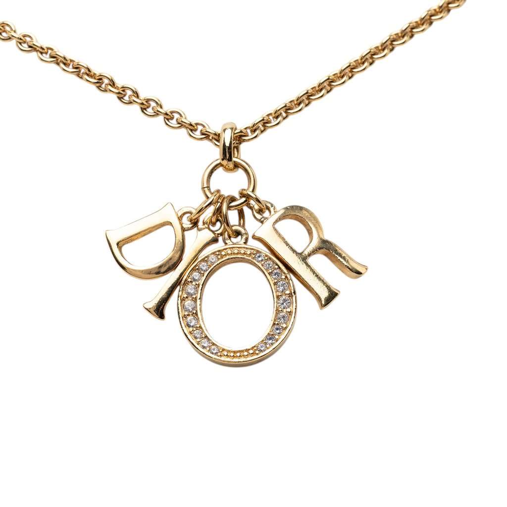 Dior Gold Plated Strass Logo Pendant Necklace Gold Metal Very good condition - Back View