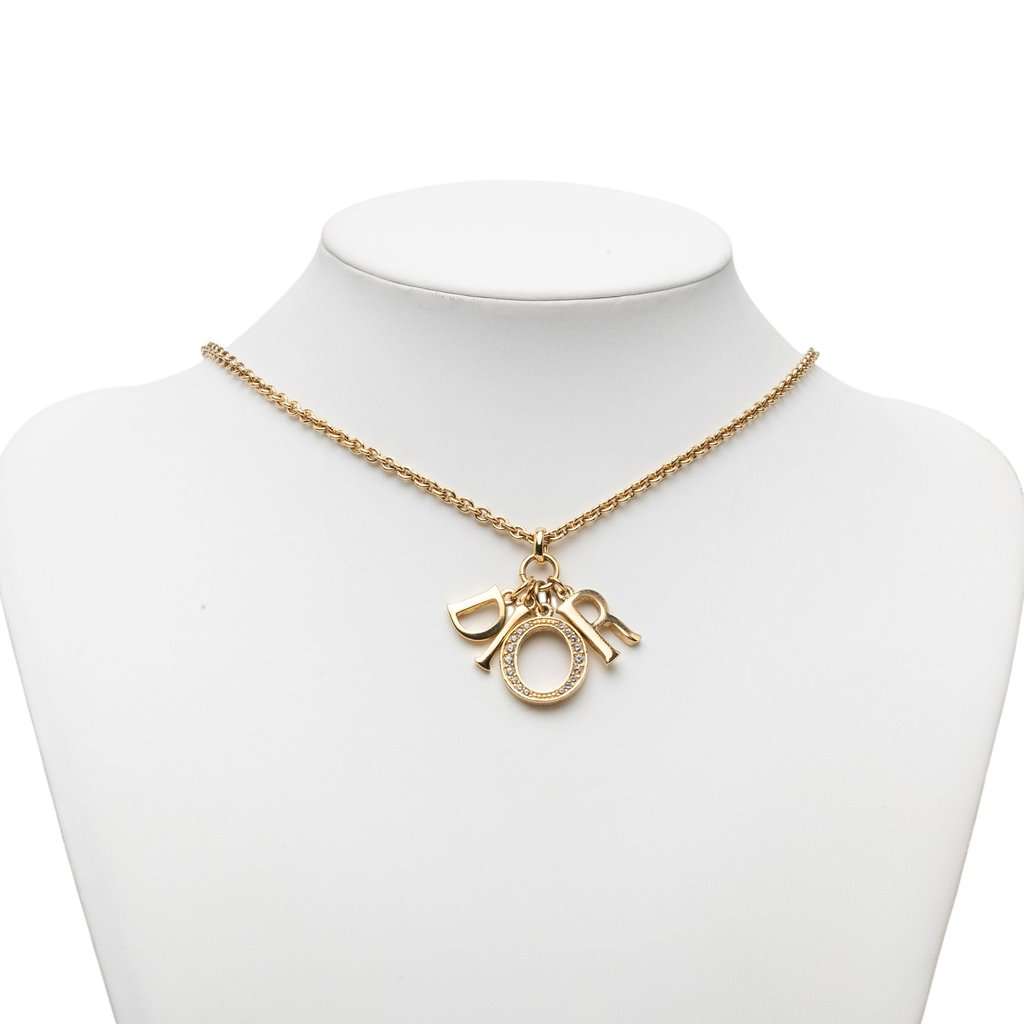 Dior Gold Plated Strass Logo Pendant Necklace Gold Metal Very good condition - Box View