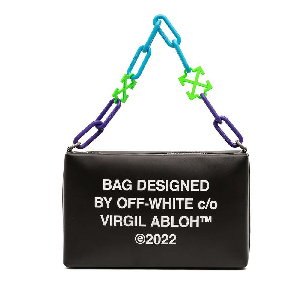 Off-White Leather Block Pouch Quote Clutch with Chain Black Leather Very good - Front View