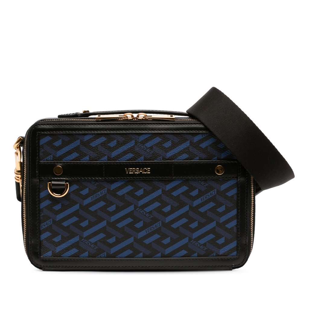 Versace Coated Canvas La Greca Zip Around Messenger Bag Black Very good condition - Front View