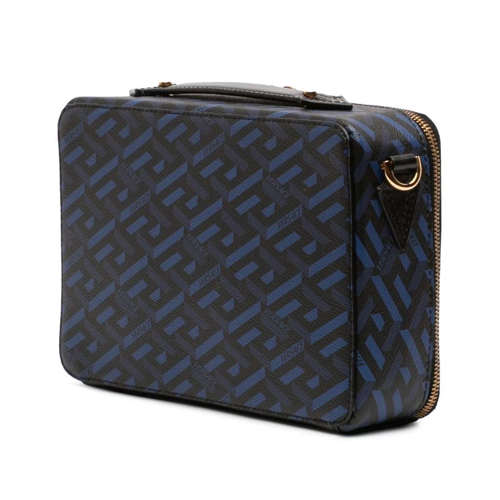 Versace Coated Canvas La Greca Zip Around Messenger Bag Black Very good condition - Back View