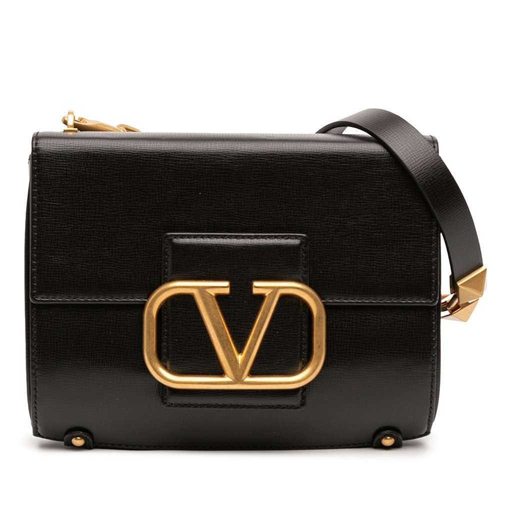 Valentino Grained Calfskin Stud Sign Shoulder Bag Black Leather Very good - Front View