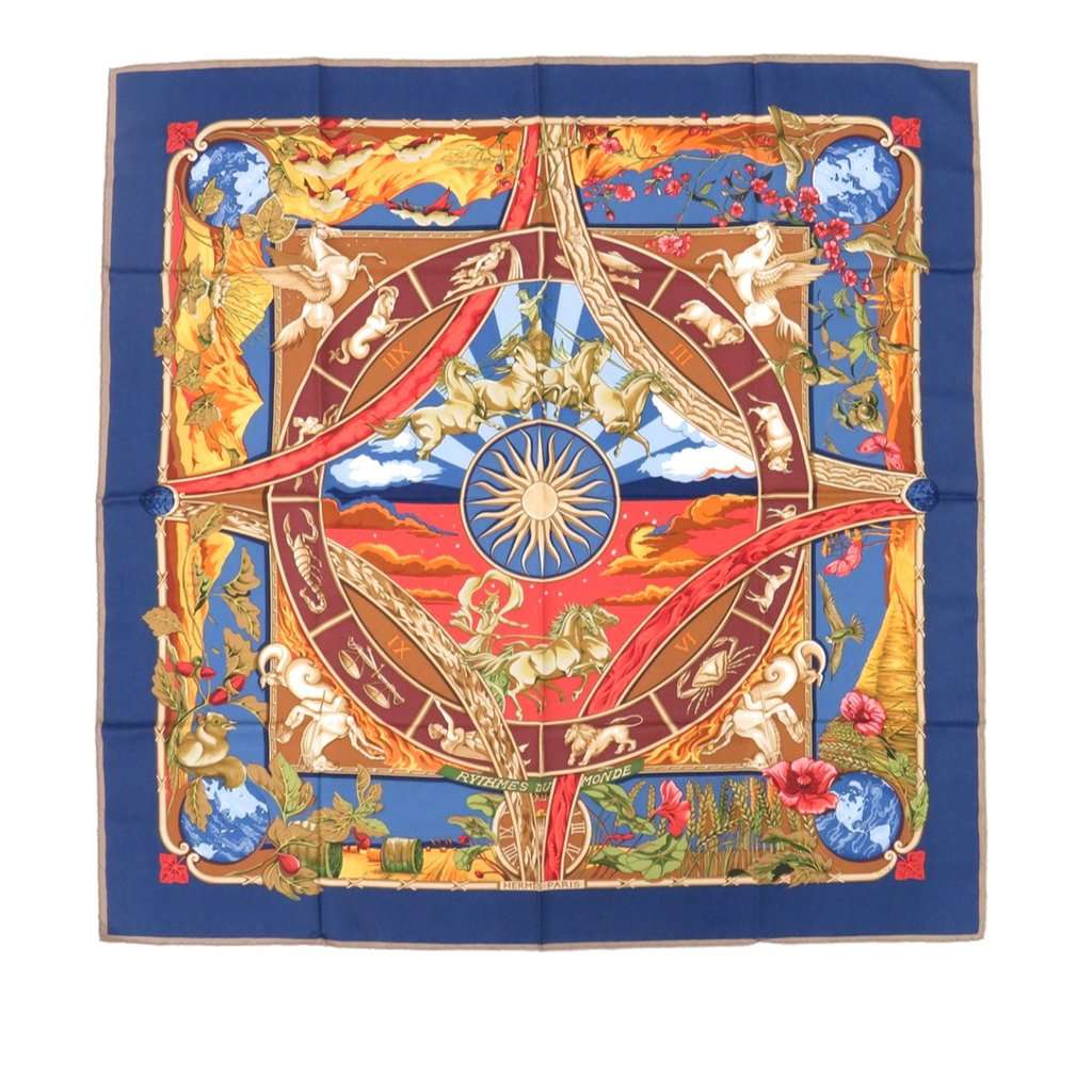 Hermès Rythmes du Monde Silk Scarf 90 Blue Very good condition - Front View