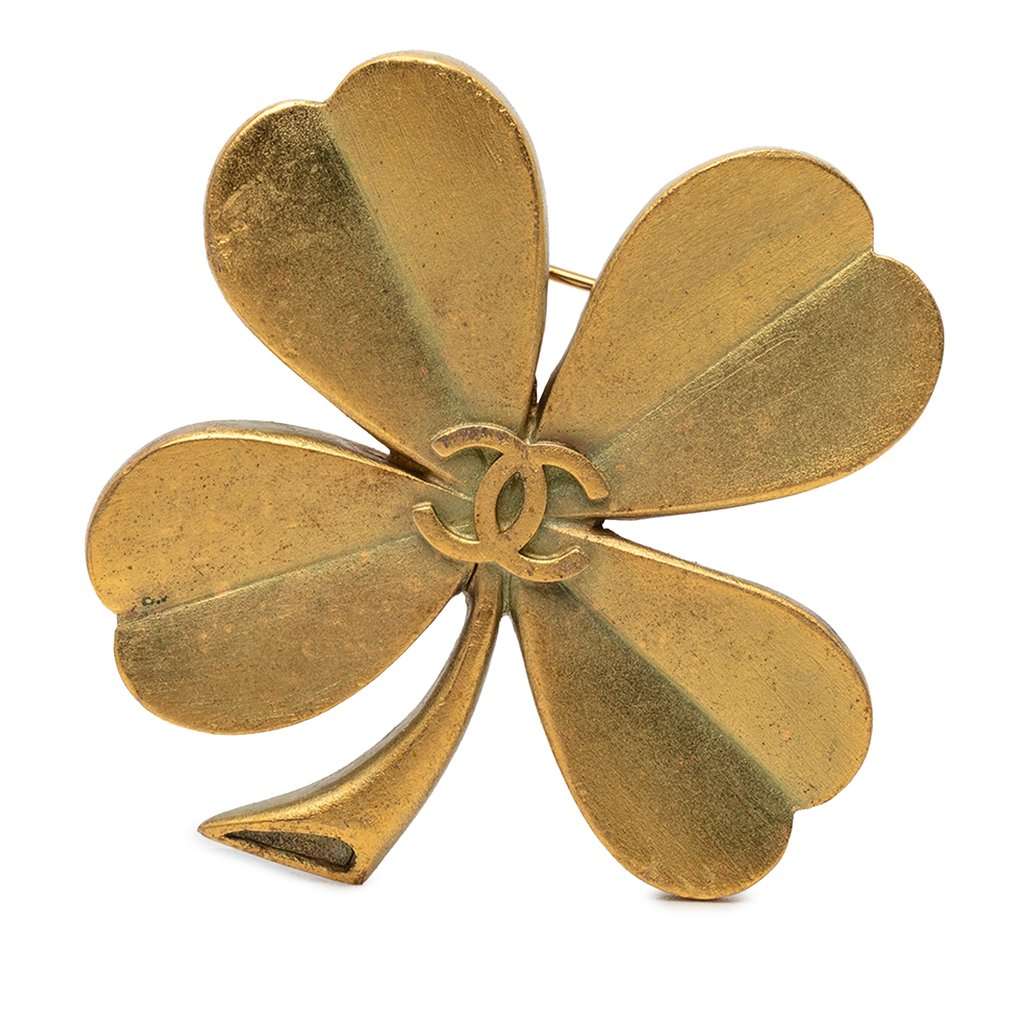 Chanel CC Gold Plated Clover Brooch Gold Metal Very good condition - Front View