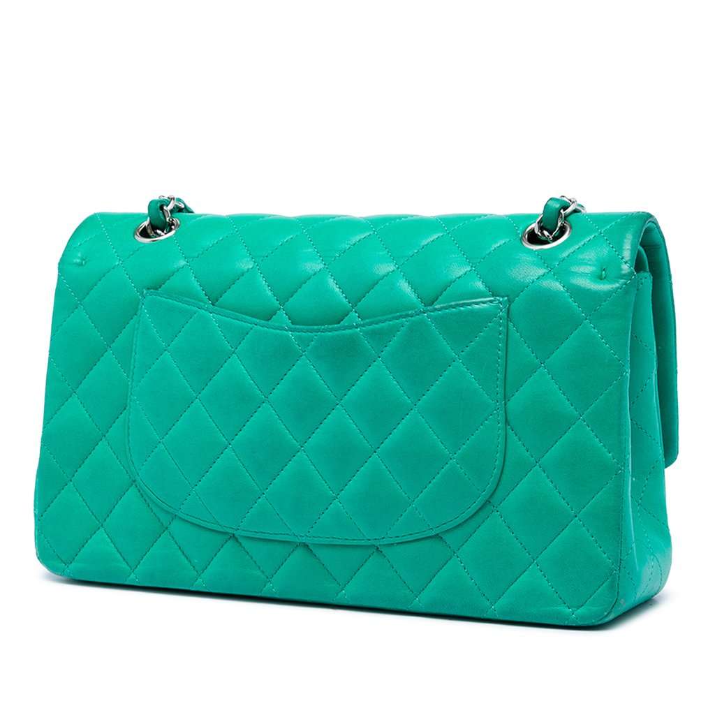 Chanel Medium Classic Lambskin Double Flap Green Leather Very good condition - Back View