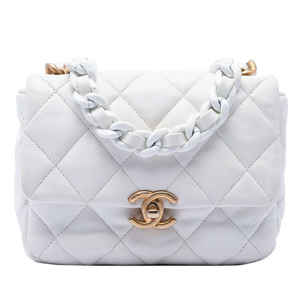 Chanel Mini Quilted Lambskin Lacquered Chain Flap White Leather Very good condition - Front View