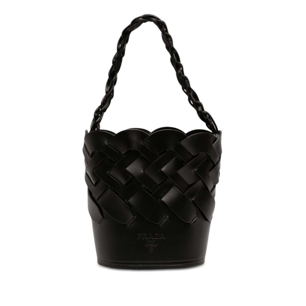 Prada Vitello Intreccio Tress Bucket Bag Black Leather Very good condition - Front View