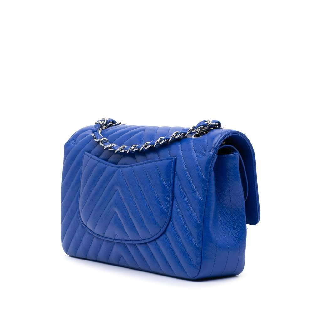 Chanel Medium Classic Chevron Caviar Double Flap Blue Leather Very good condition - Back View