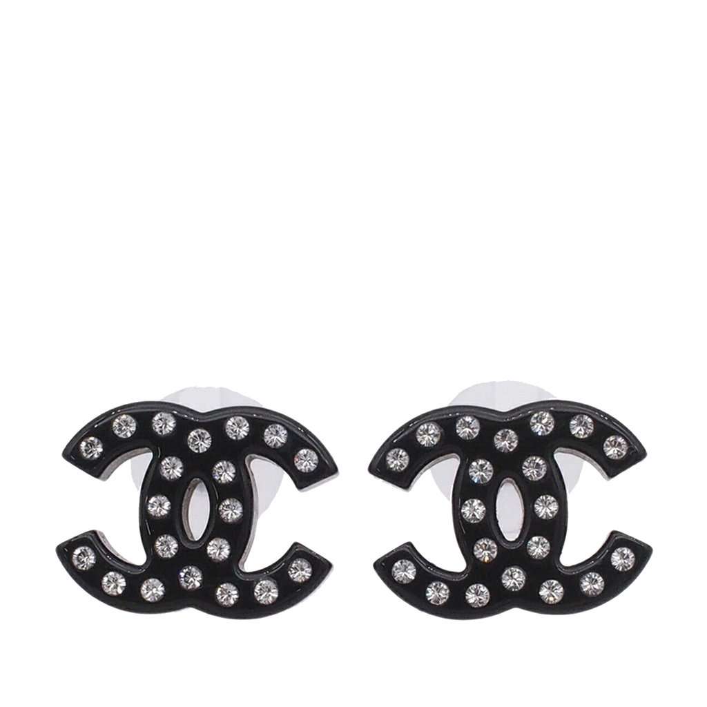 Chanel CC Resin and Strass Bullet Backs Earrings Black Plastic Very good condition - Front View