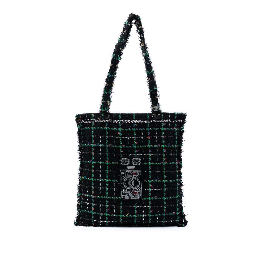Chanel Large Tweed Resin Embellished Robot Shopping Tote Black Very good condition - Front View