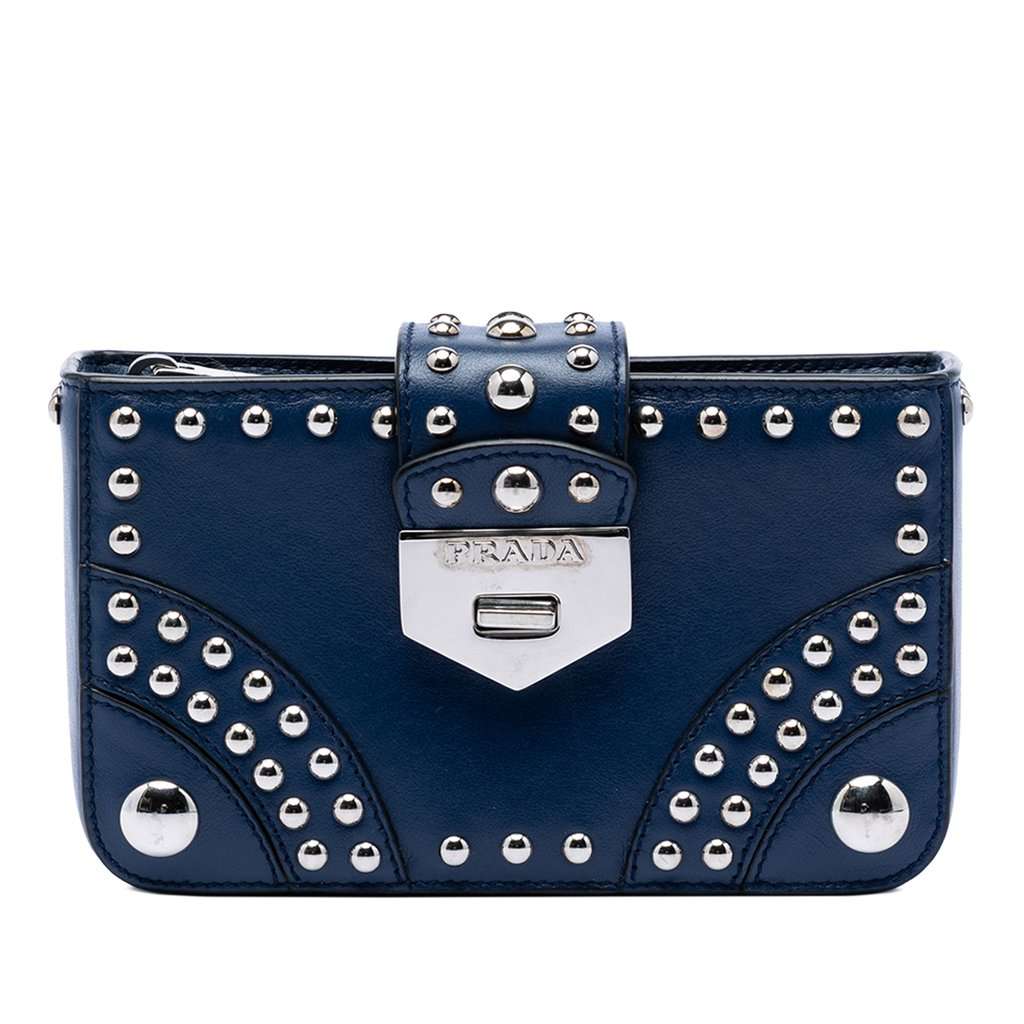 Prada City Calfskin Studded Elektra Turn Lock Clutch Blue Leather Very good - Front View