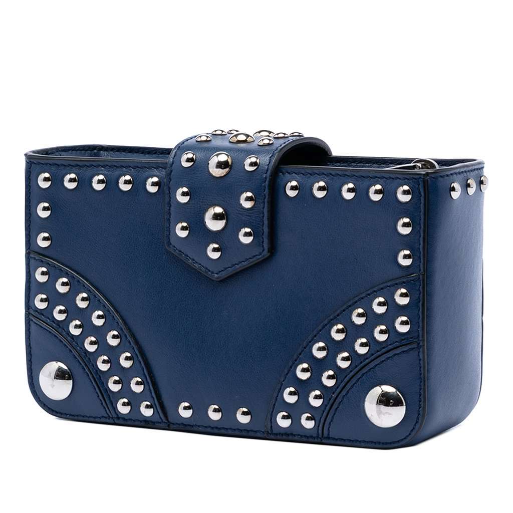 Prada City Calfskin Studded Elektra Turn Lock Clutch Blue Leather Very good - Back View
