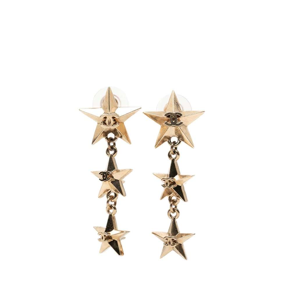 Chanel CC Gold Plated Triple Star Drop Bullet Back Earrings Gold Metal Very good condition - Back View