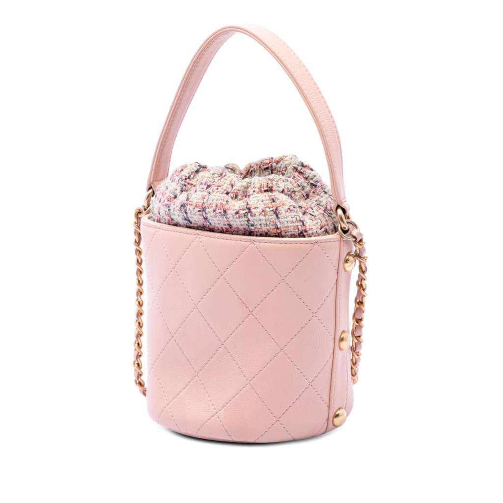Chanel Small CC Calfskin and Tweed Drawstring Bucket Bag Pink Leather Very good condition - Back View