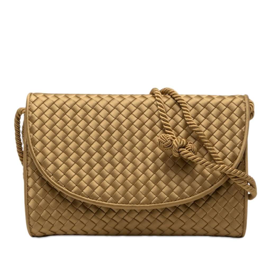 Bottega Veneta Satin Intrecciato Flap Shoulder Bag Gold Very good - Front View