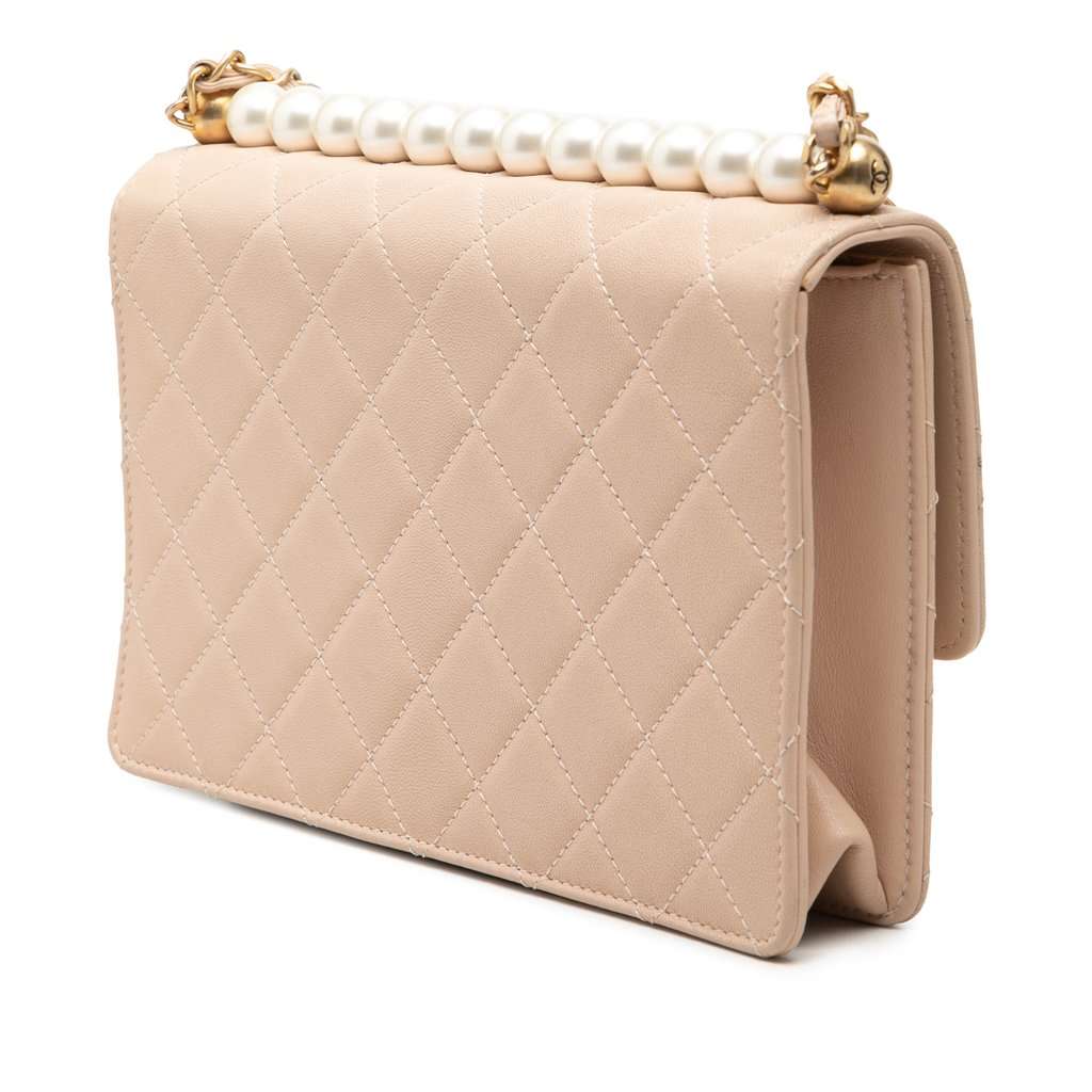 Chanel Small Quilted Lambskin Chic Pearls Flap Beige Leather Very good condition - Back View