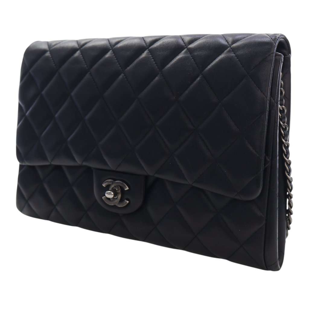 Chanel CC Quilted Lambskin Flap Clutch with Chain Black Leather Very good - Inside View