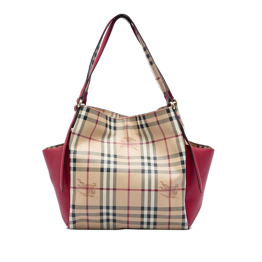 Burberry Small Leather Trimmed Haymarket Check Coated Canvas Canterbury Tote Beige Very good - Front View