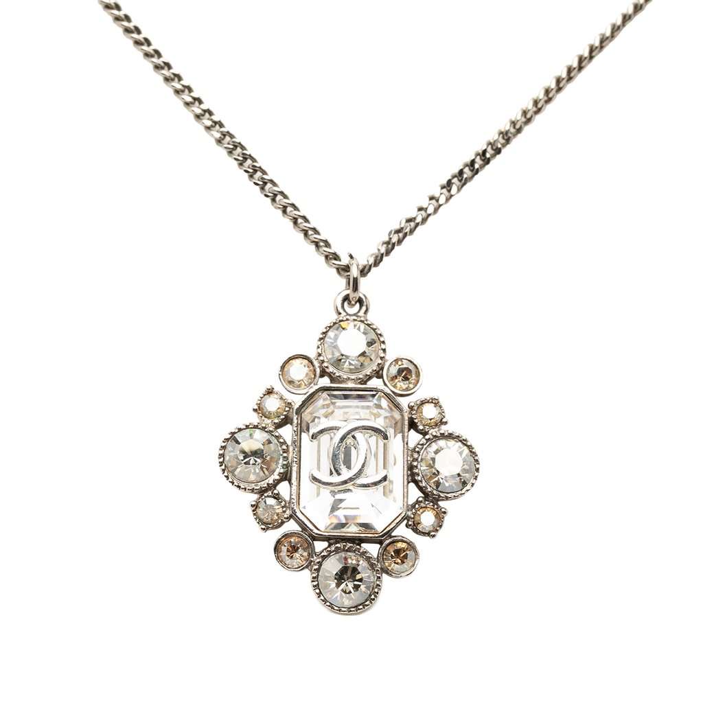 Chanel CC Brass Strass Pendant Necklace Silver Metal Very good condition - Back View