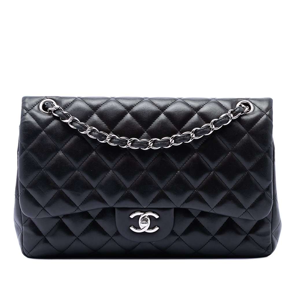 Chanel Jumbo Classic Lambskin Double Flap Black Leather Very good condition - Front View