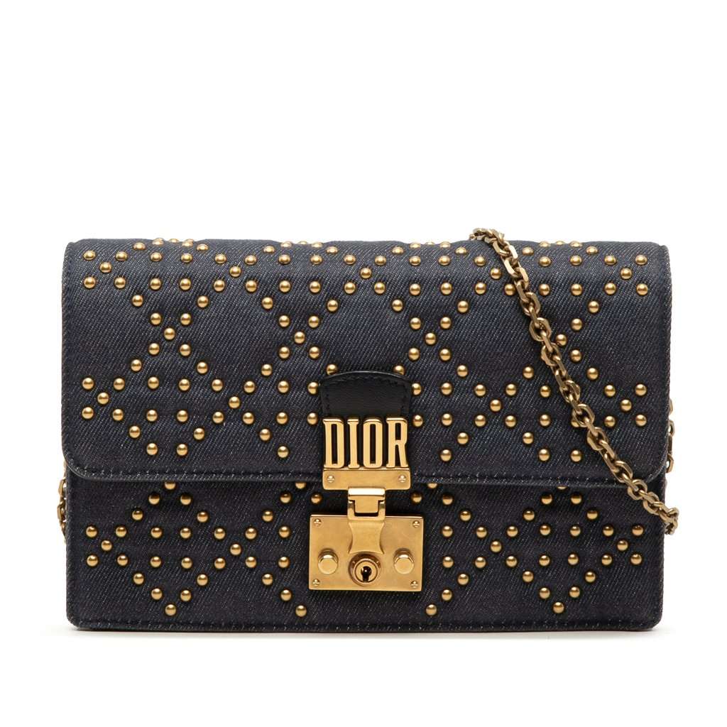 Dior Denim Cannage Studded DiorAddict Wallet on Chain Blue Very good condition - Front View
