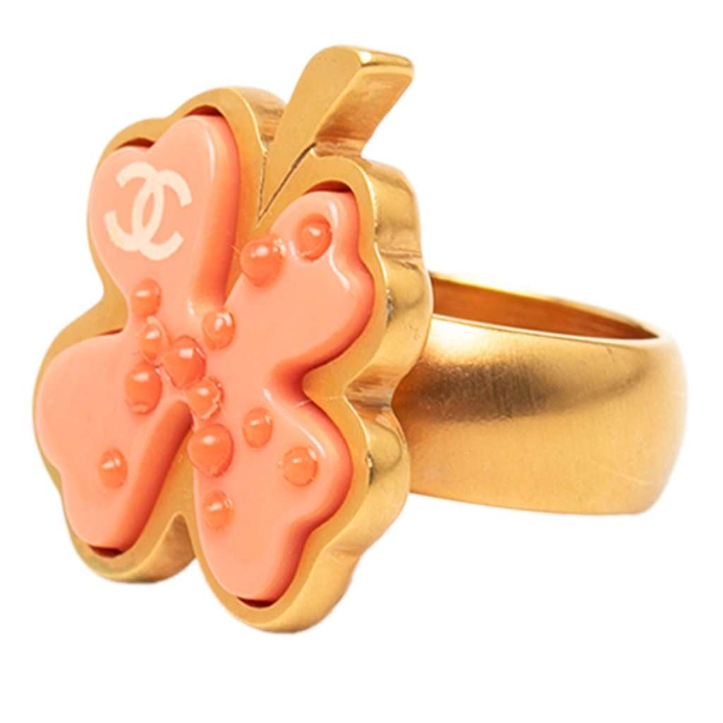 Chanel CC Gold Plated Resin Clover Ring Gold Metal Very good - Back View